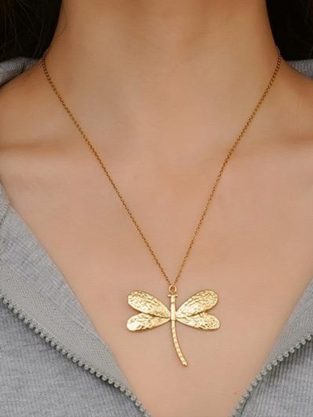 Gold Tone Textured Dragonfly Pendant Necklace Statement Jewelry